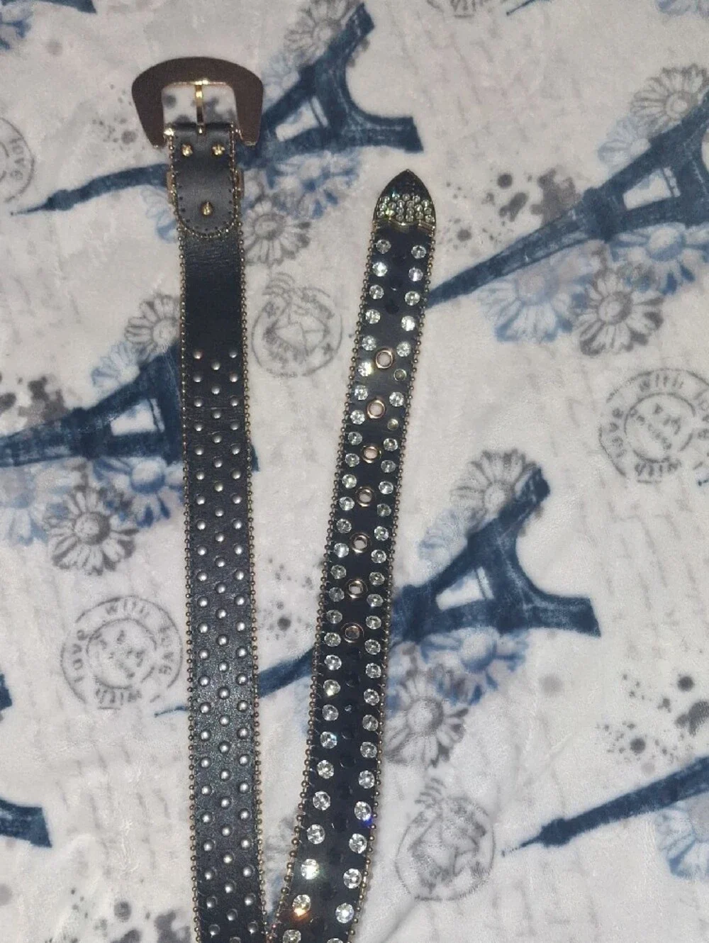 Studded Black Leather Belt with Crystal Accents